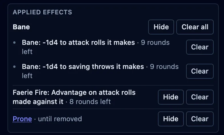 The applied-effects panel showing Bane with 9 rounds left on its attack and saving throw modifiers, Faerie Fire with 8 rounds left, and Prone lasting until removed.