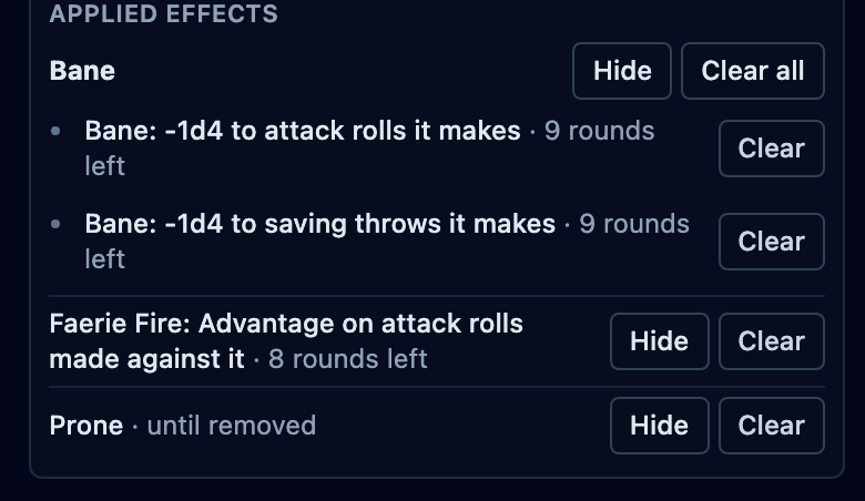 The applied-effects panel: Bane with 9 rounds left on each of its two riders, Faerie Fire with 8, and Prone until removed, each with its own clear button.