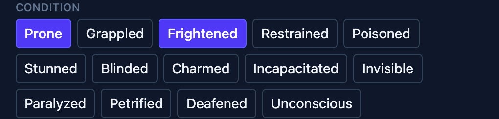 The condition picker: Prone and Frightened selected among the full list of conditions.