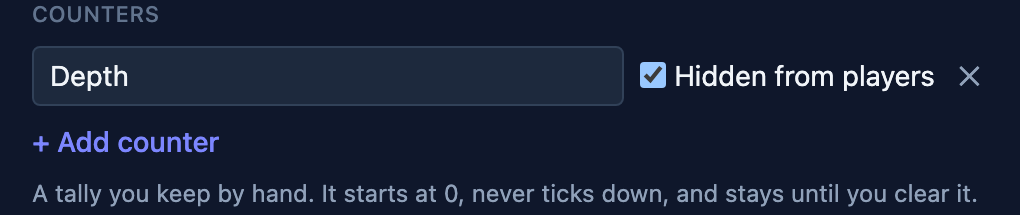 A counter named Depth with Hidden from players ticked.