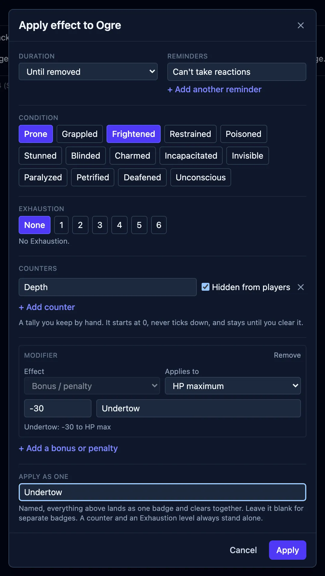 The Apply effect box holding one preset: a reminder, two conditions, a counter hidden from players, and the bundle name Sallow Rot 3.