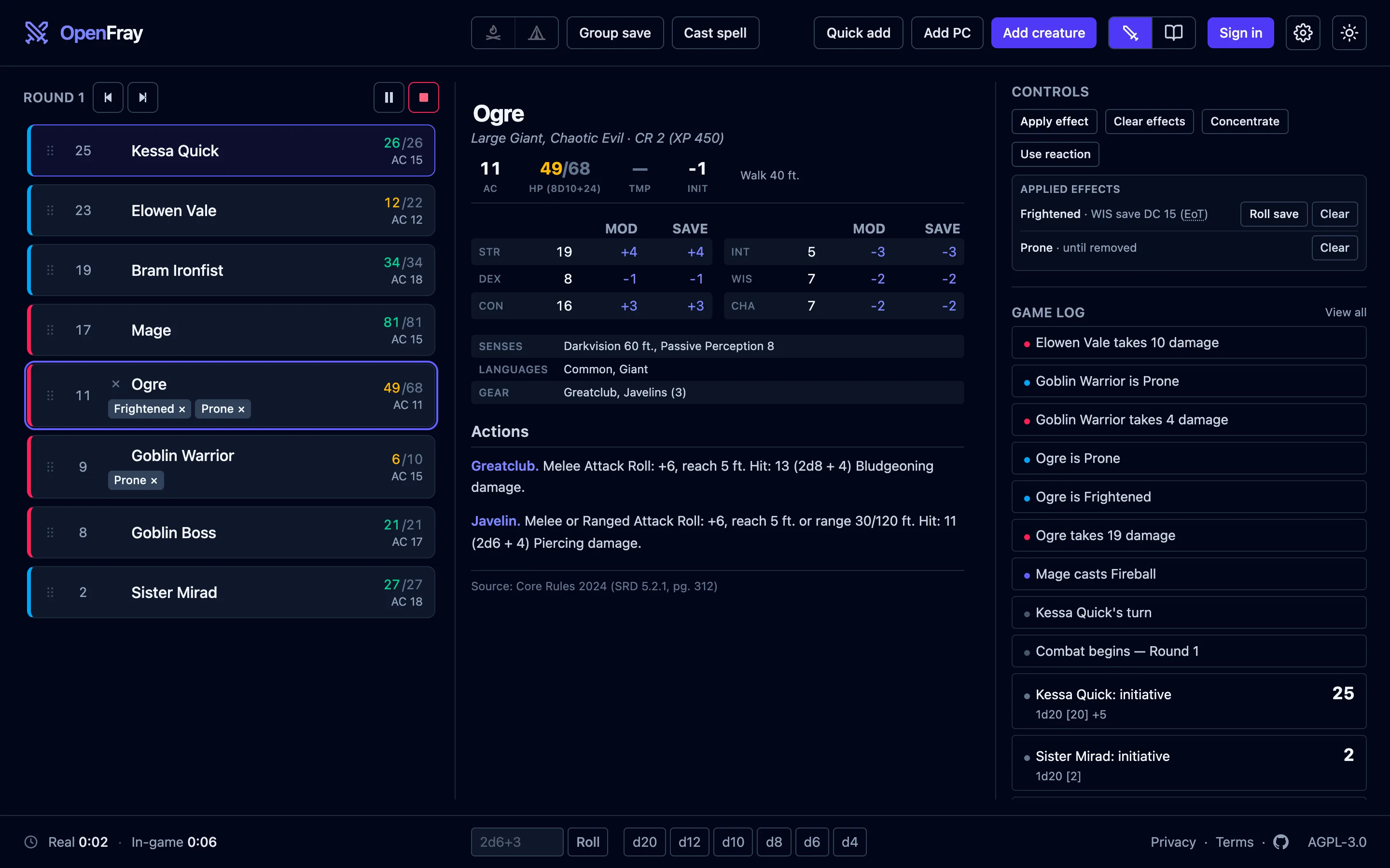 The console mid-fight: initiative order on the left, a Frightened and Prone Ogre's stat block in the middle, its effects and the log on the right.