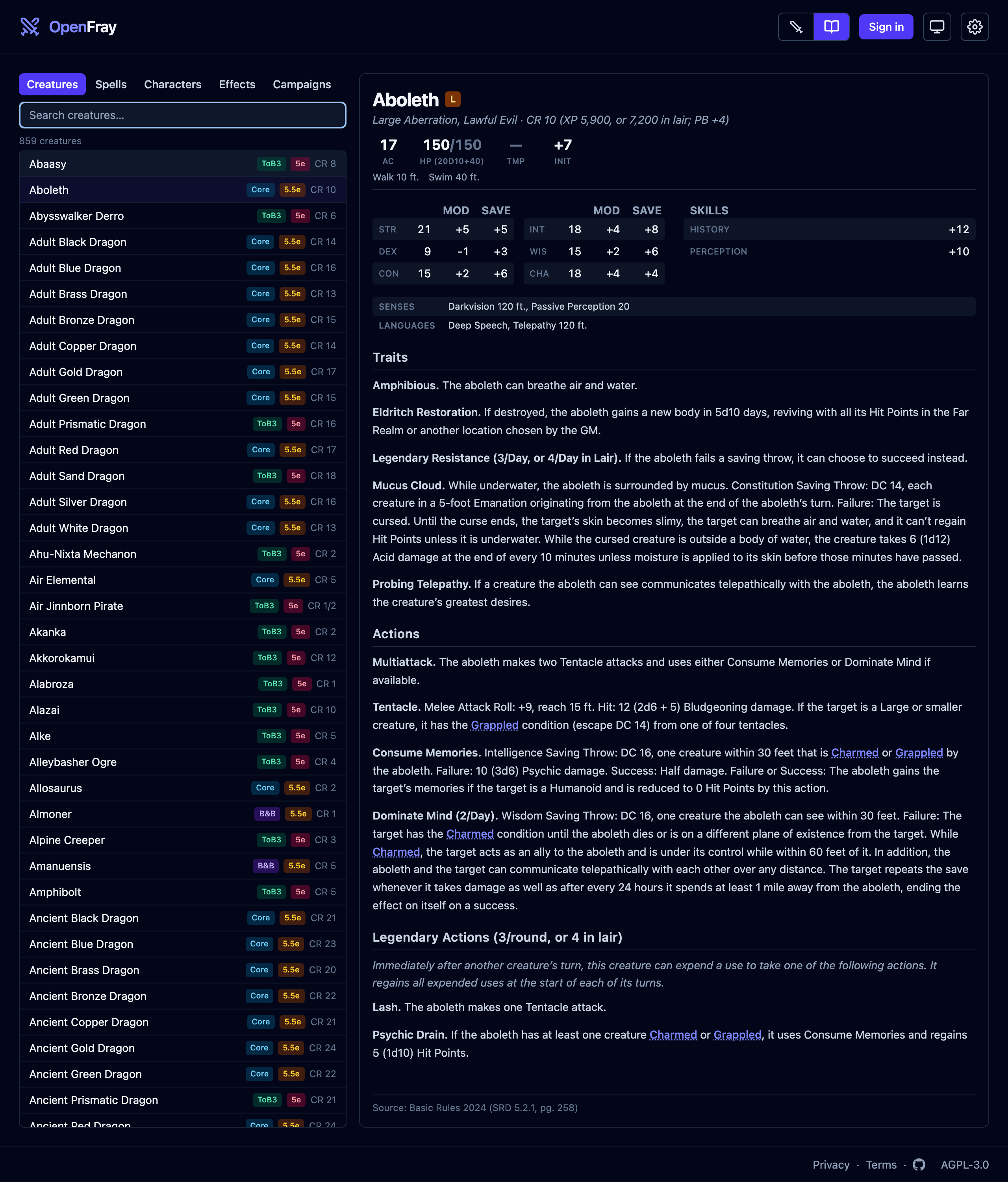 The compendium open on the Creatures tab: a searchable list of 859 creatures from four libraries, each badged with its book and rules version, and the Aboleth stat block in the reading pane.