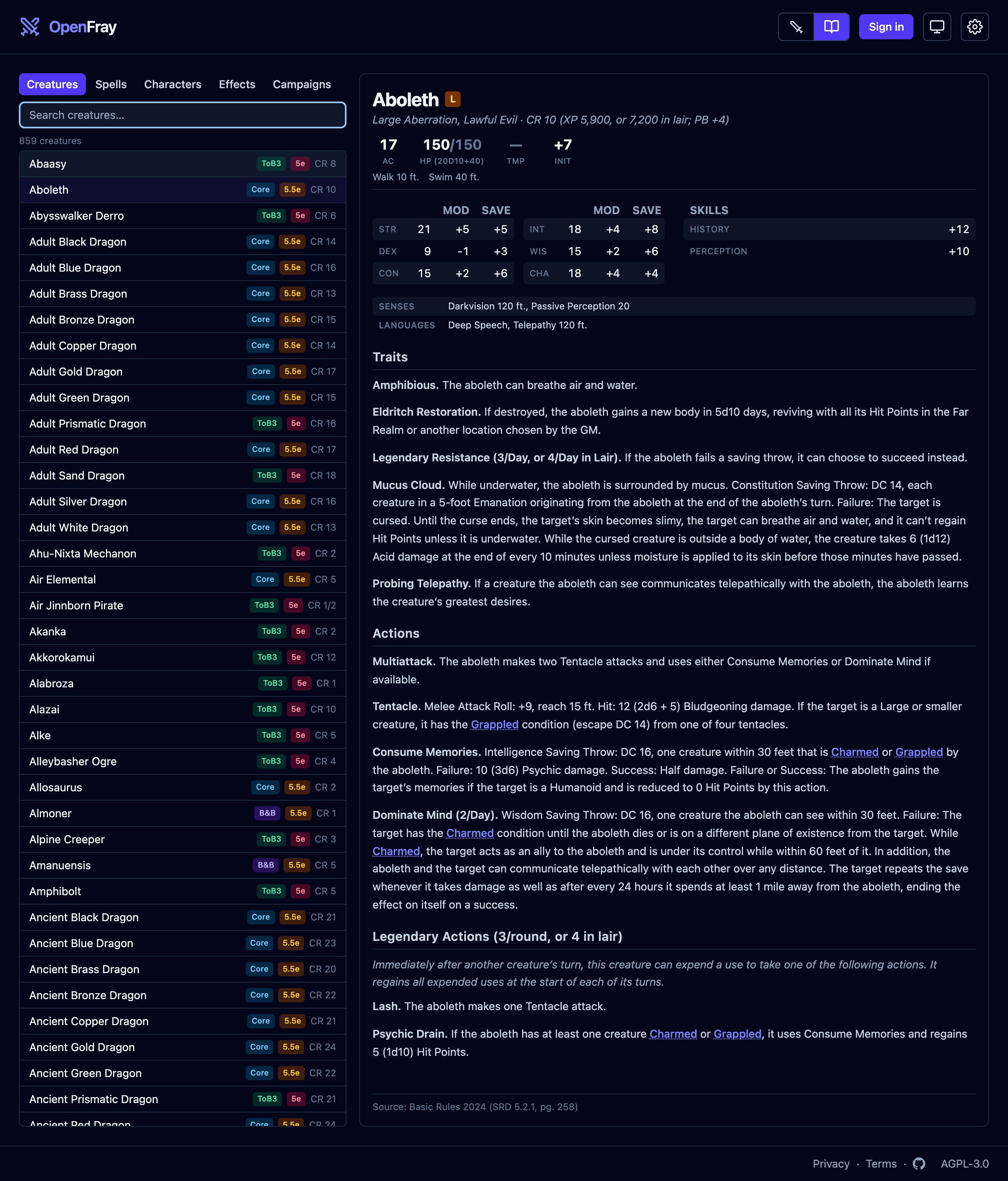 The compendium open on the Creatures tab: a searchable list of 859 creatures from four libraries, each badged with its book and rules version, and the Aboleth stat block in the reading pane.