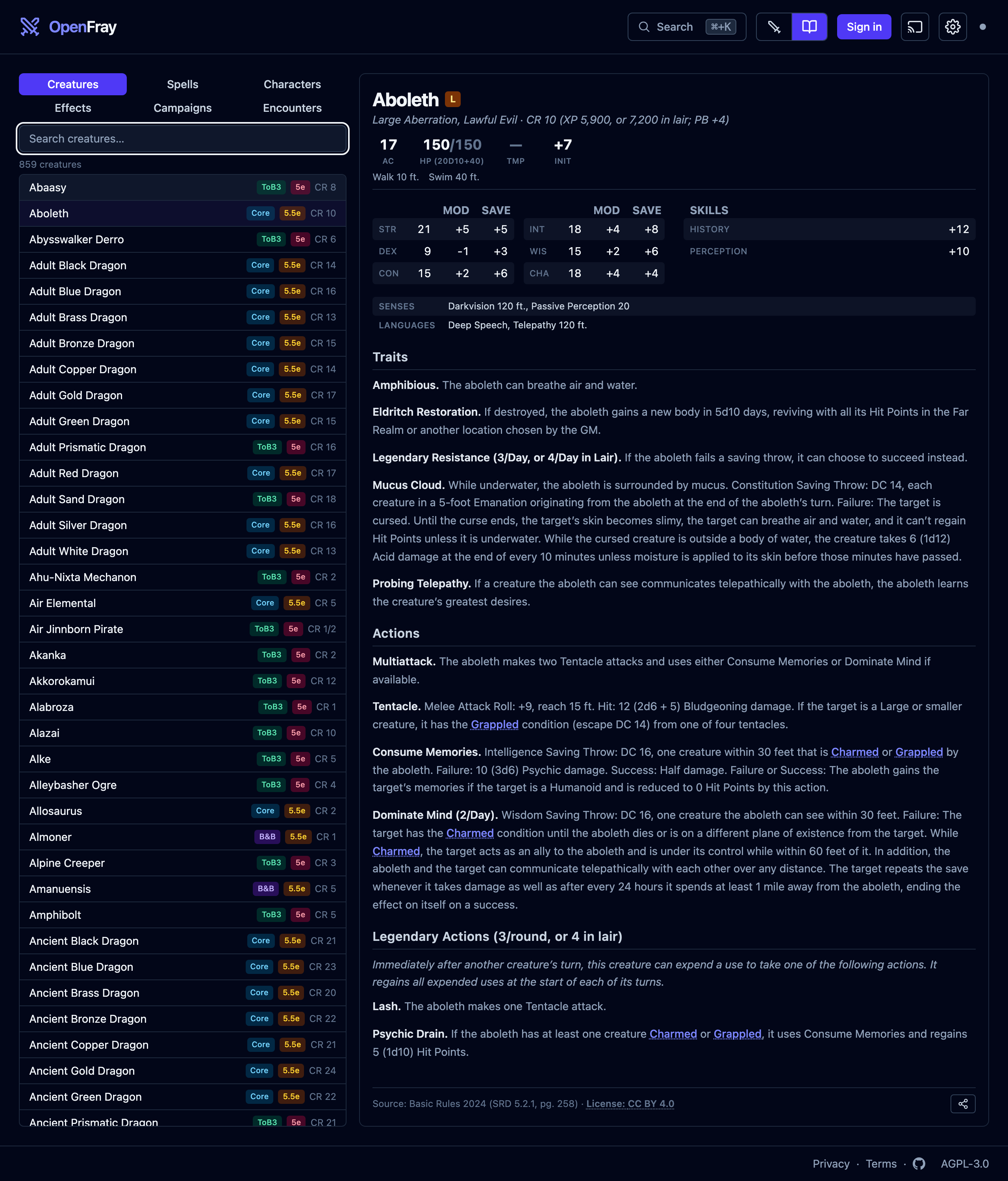The compendium open on the Creatures tab: a searchable list of 859 creatures from four libraries, each badged with its book and rules version, and the Aboleth stat block in the reading pane.