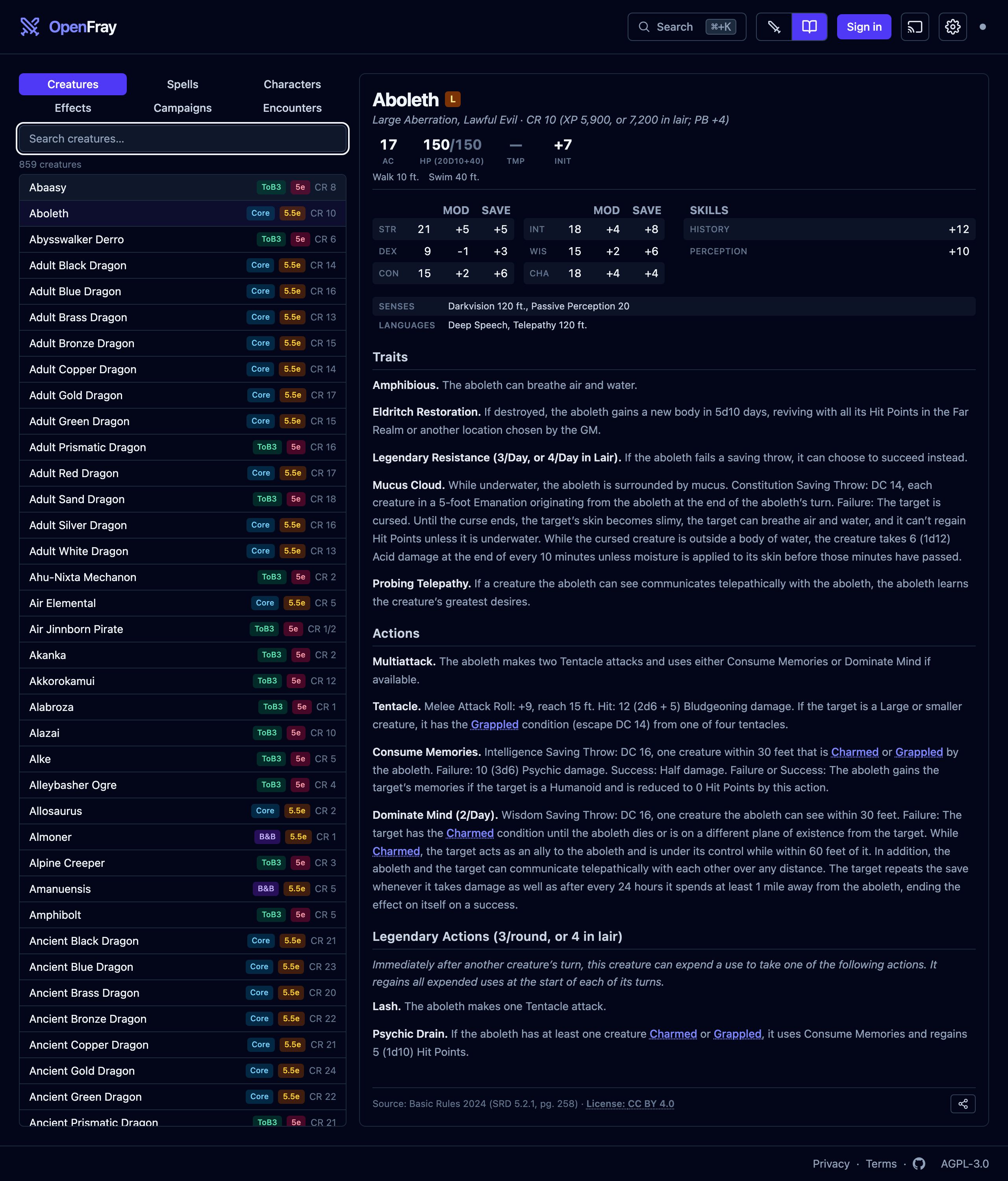 The compendium open on the Creatures tab: a searchable list of 859 creatures from four libraries, each badged with its book and rules version, and the Aboleth stat block in the reading pane.
