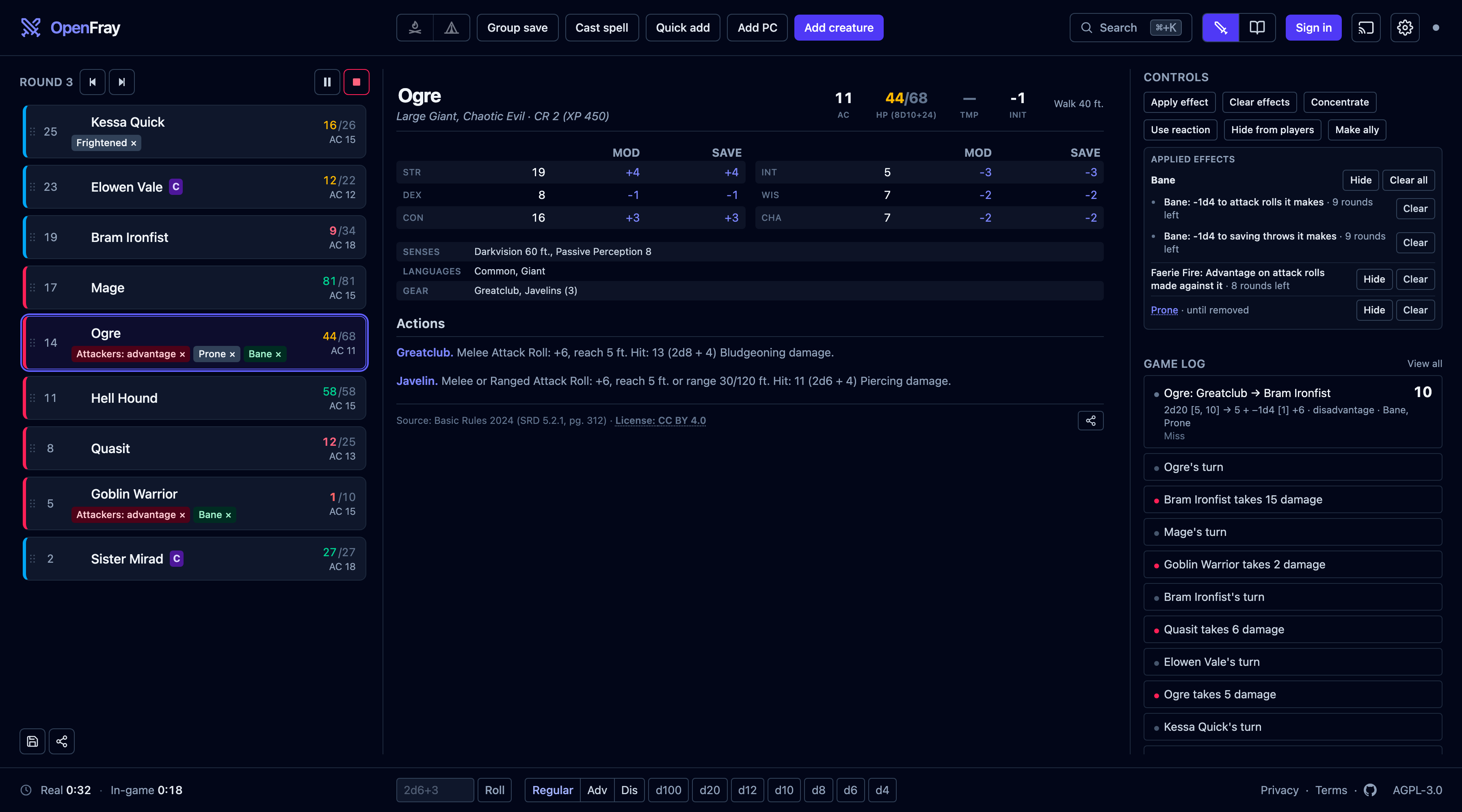 The whole console mid-fight: the tracker with the Ogre carrying advantage-against, Prone, and Bane chips, its stat block in the middle, and the game log ending on its Greatclub swing. Two d20s at disadvantage, the 18 wasted, the Bane d4 off the kept 12, a miss.