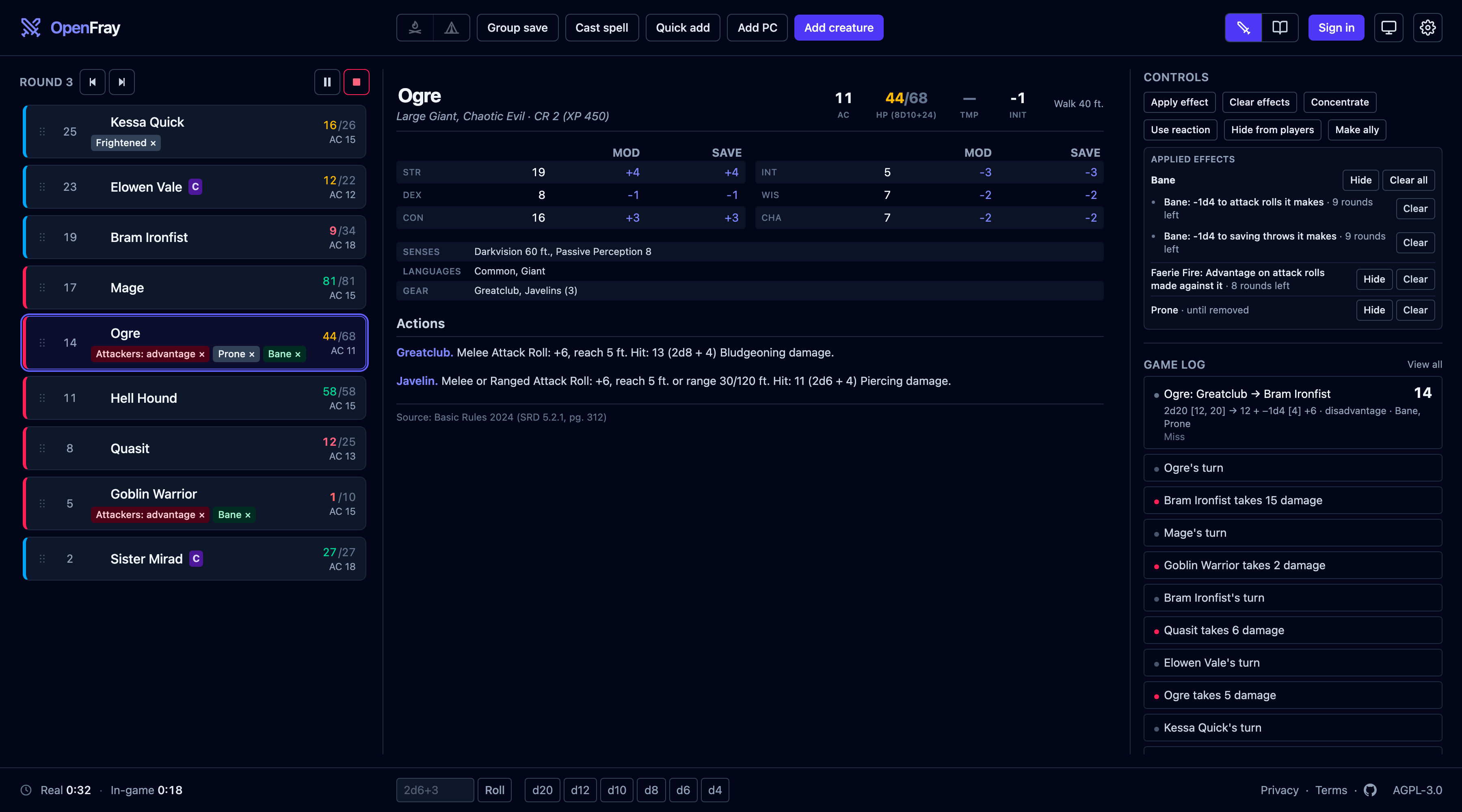 The whole console mid-fight: the tracker with the Ogre carrying advantage-against, Prone, and Bane chips, its stat block in the middle, and the game log ending on its Greatclub swing — two d20s at disadvantage, the 20 wasted, the Bane d4 off the kept 12, a miss.
