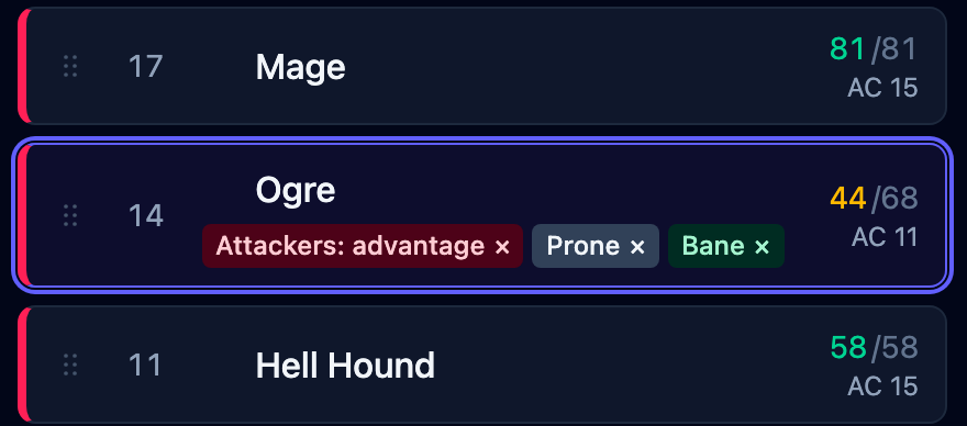 Three tracker rows: the Ogre carrying advantage-against, Prone, and Bane chips between two untouched neighbors.