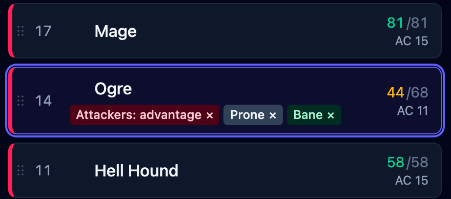 Three tracker rows: the Ogre carrying advantage-against, Prone, and Bane chips between two untouched neighbors.