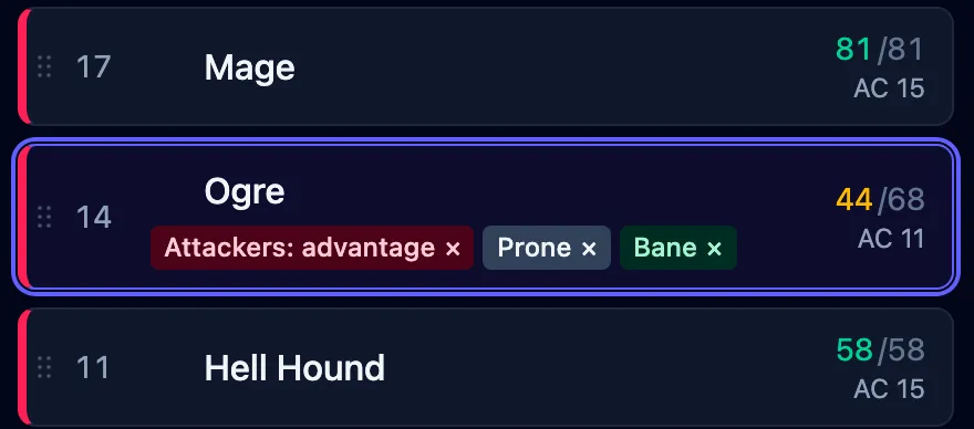 Three rows in the tracker, with the selected Ogre at 44 of 68 hit points carrying Attackers: advantage, Prone, and Bane badges.