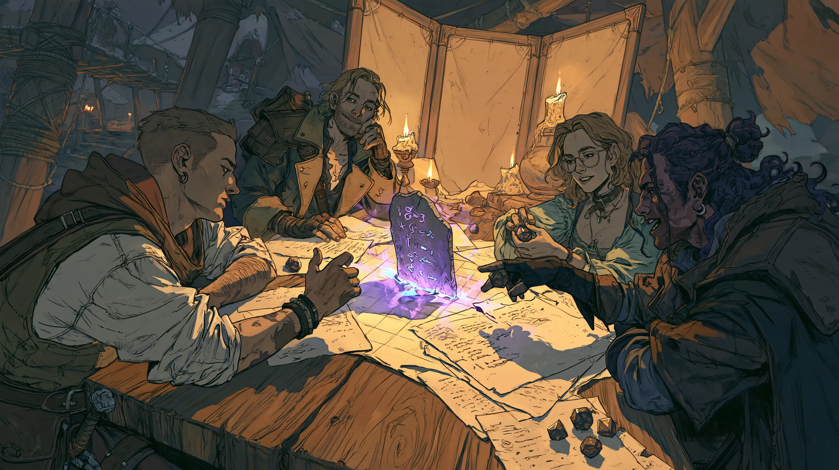 Four fantasy players gather around a candlelit table, with dice, handwritten sheets, and a violet-glowing slate in front of a folding screen.