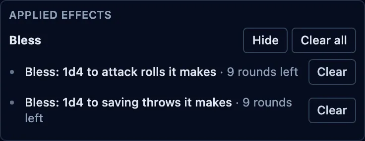 Bram’s applied-effects panel in the GM’s console, showing Bless adding 1d4 to his attack rolls and saving throws, with 9 rounds left on both modifiers.