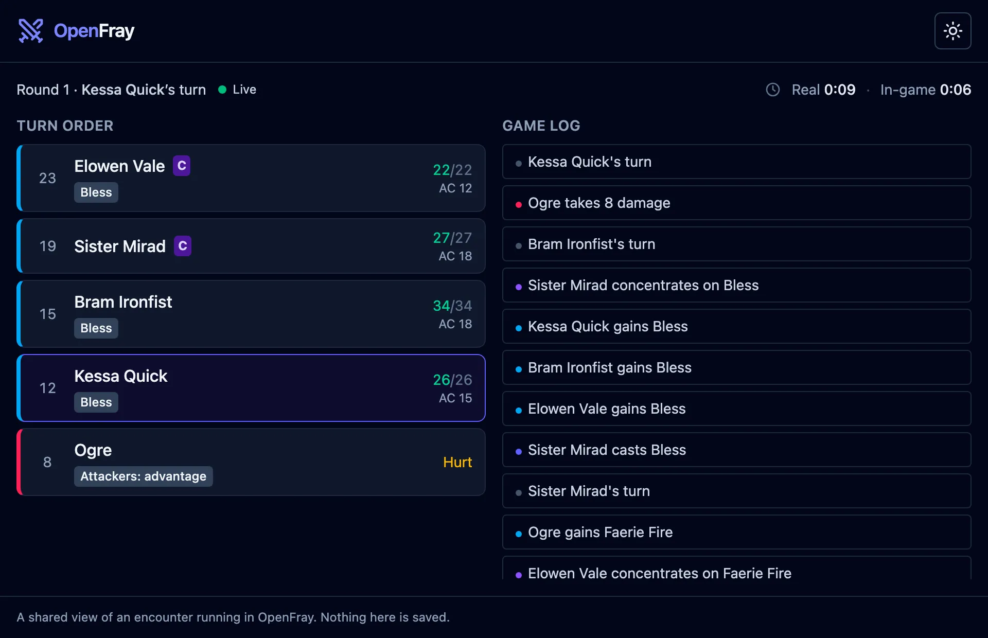 The live player view on a tablet-sized screen: Kessa’s turn highlighted, Bless beside three player characters, concentration markers beside Elowen and Sister Mirad, and recent changes in the game log.