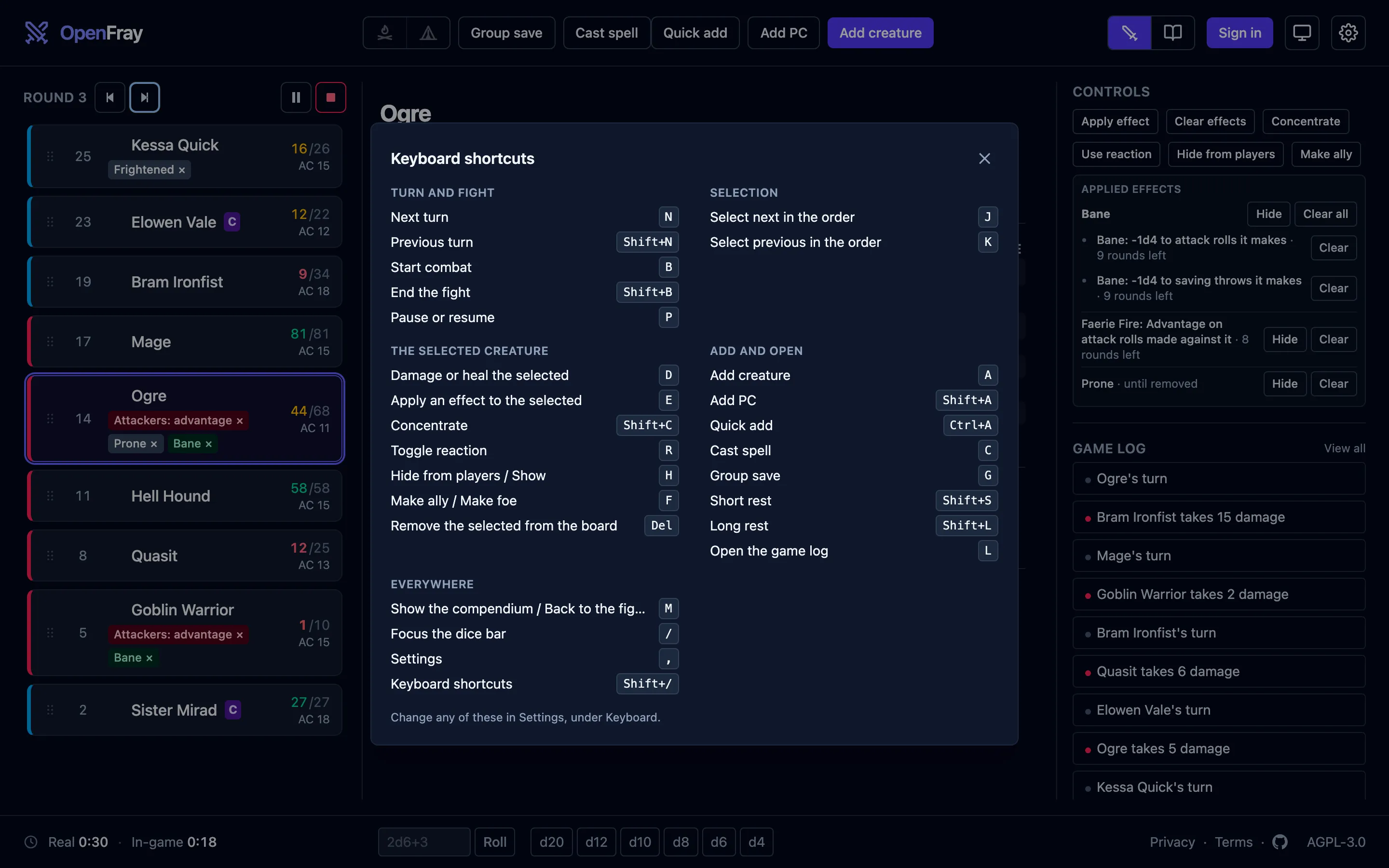 The keyboard cheat sheet open over a running fight: every command grouped under Turn and fight, Selection, The selected creature, and Add and open, each with its key beside it.
