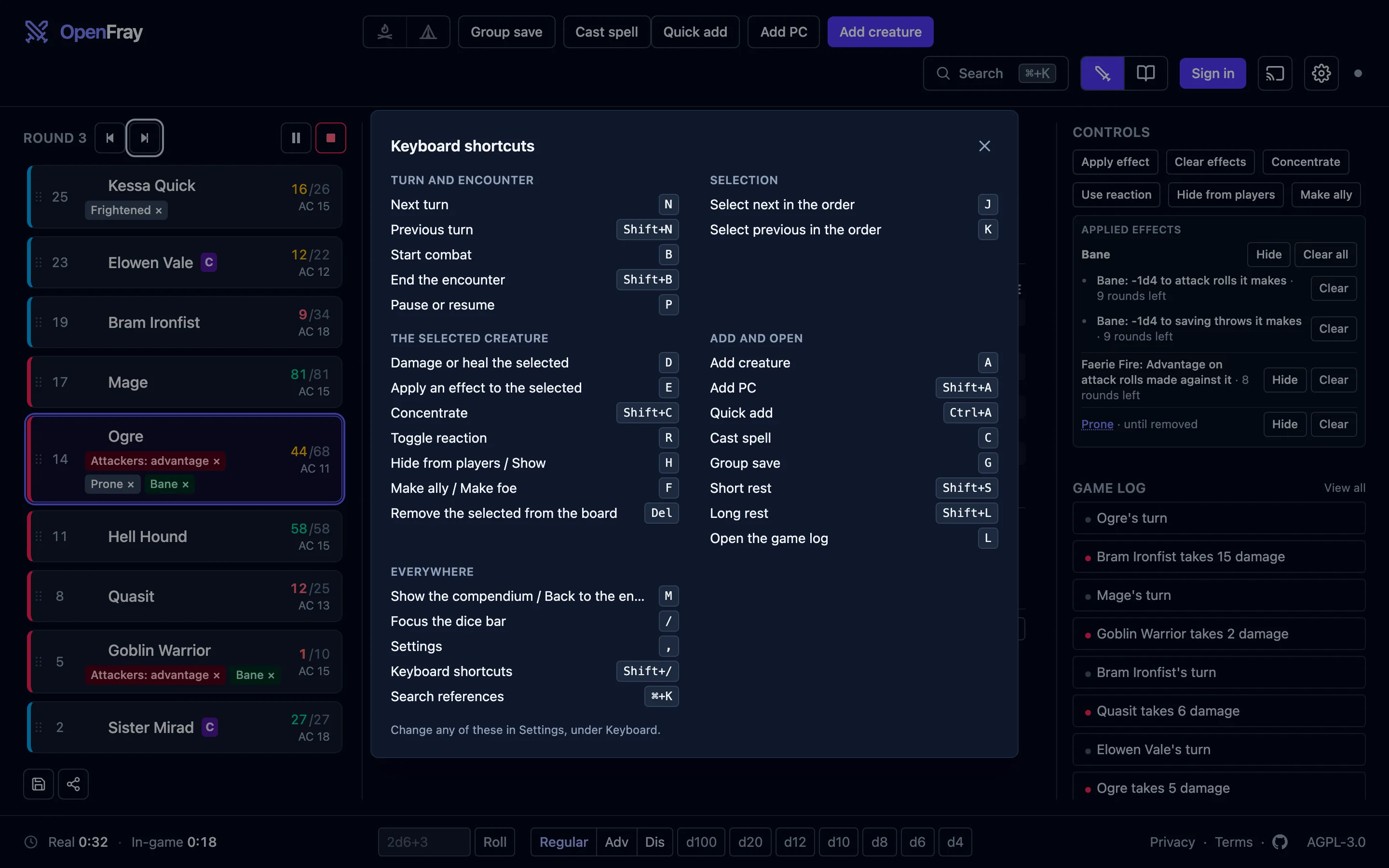 The keyboard cheat sheet open over a running fight: every command grouped under Turn and fight, Selection, The selected creature, and Add and open, each with its key beside it.