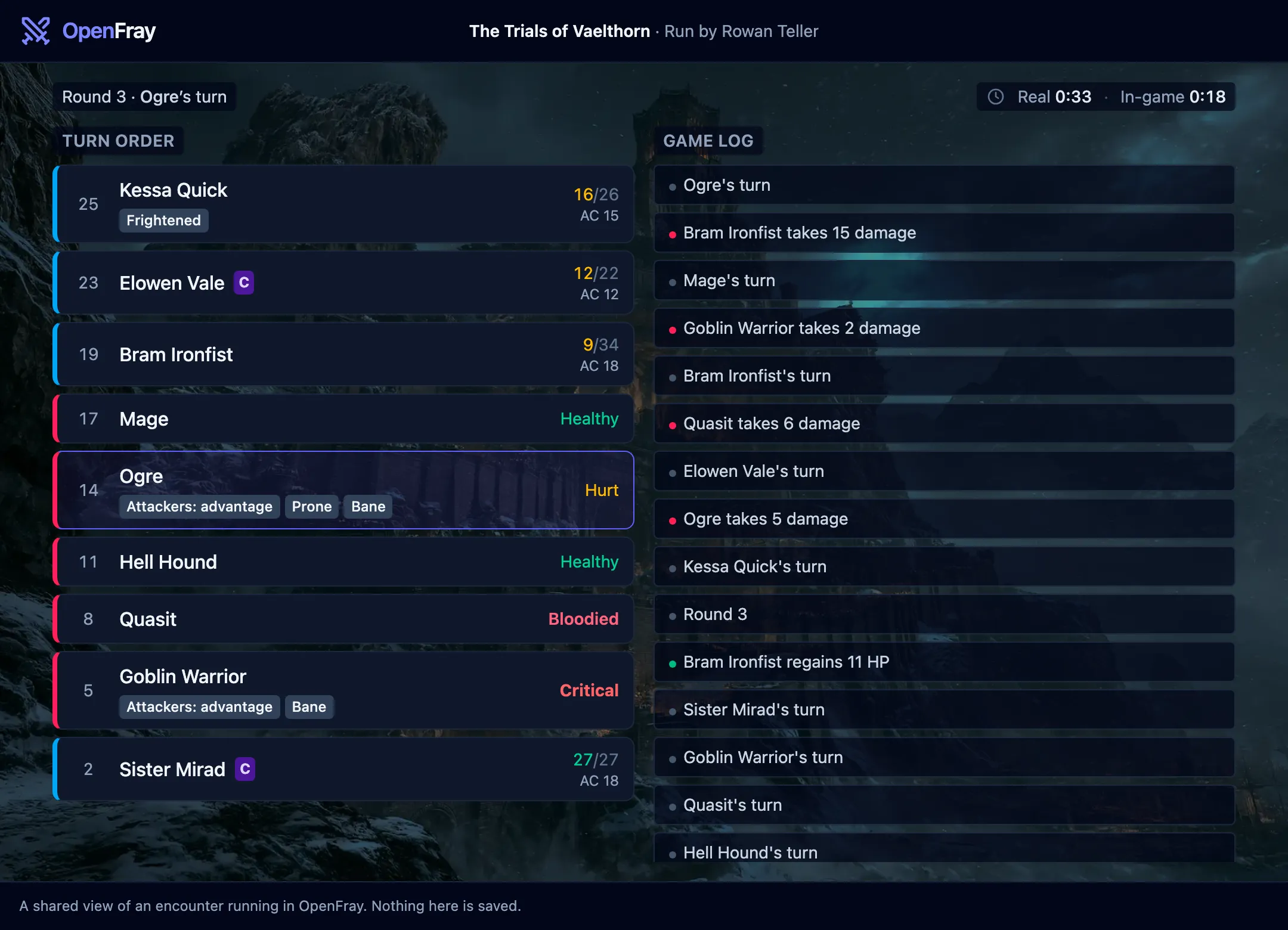 The shared player view over a mountain-fortress backdrop, headed with a campaign name and the Game Master running it: the party listed with hit points and armor class, the foes in words with their effect chips, and the game log beside them.