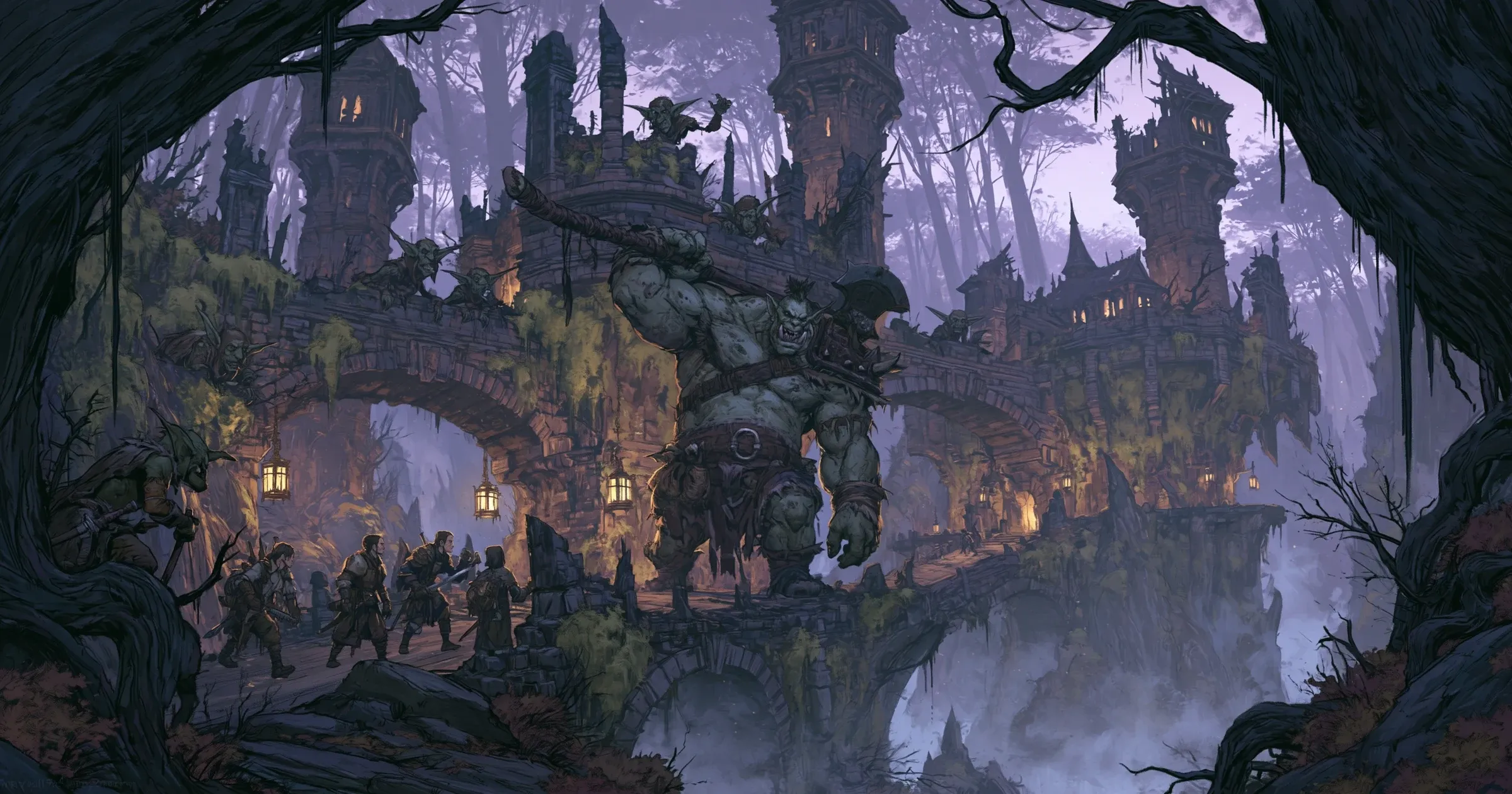 An Ogre raises a warhammer on a ruined forest bridge while goblins watch from the towers and four adventurers approach.