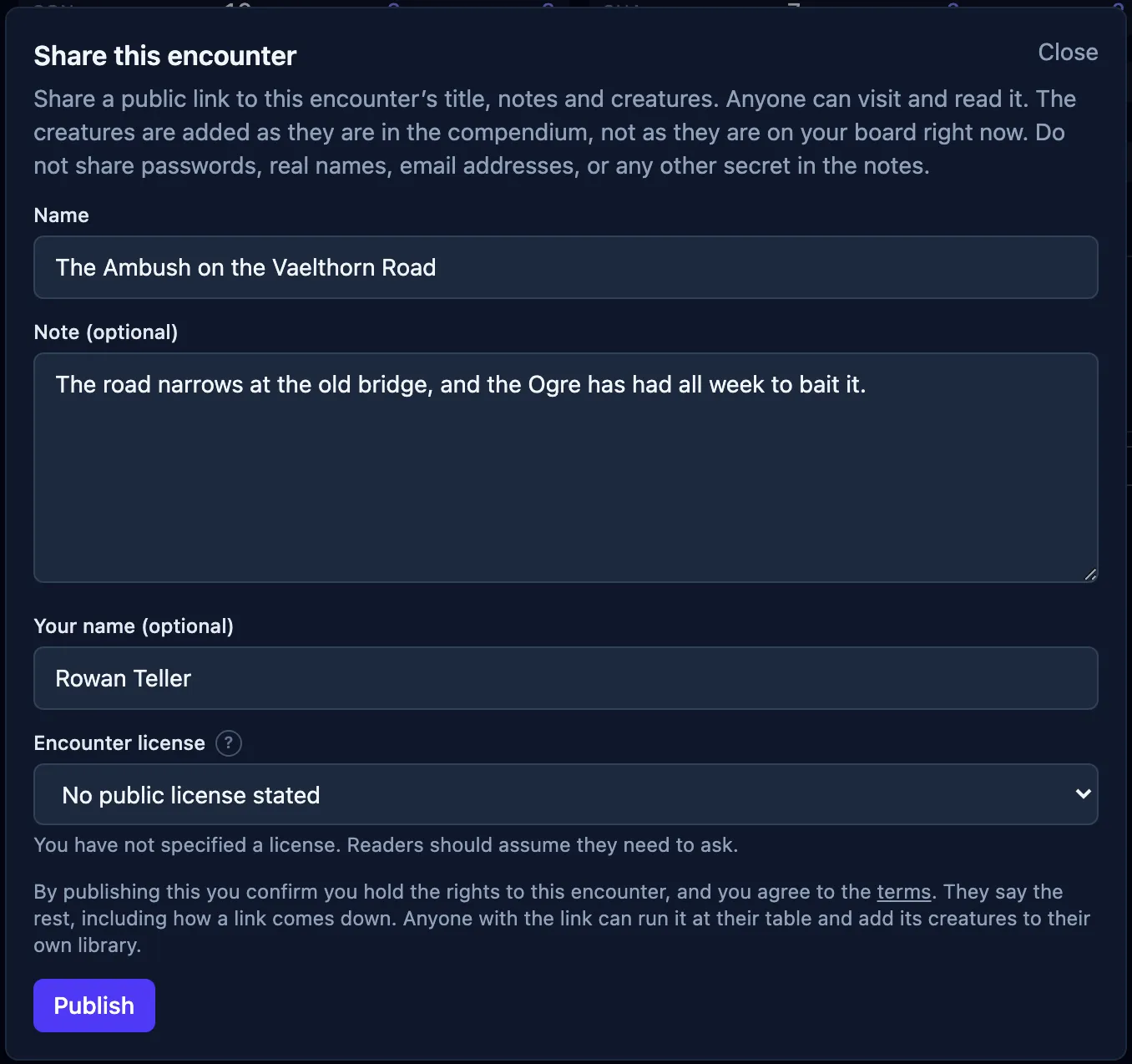 The share dialog filled in but not yet published: a name, a note about how the fight opens, the byline, the license the encounter is offered under, and the line confirming who holds the rights, above the Publish button.