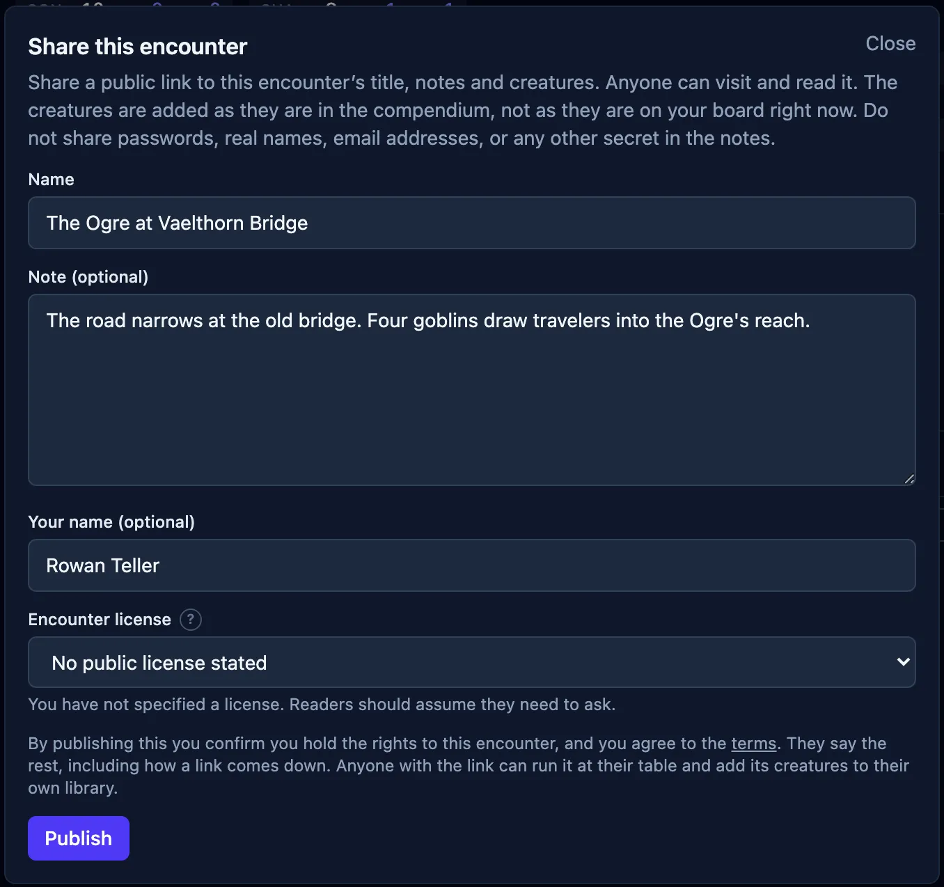 The Share this encounter dialog for “The Ogre at Vaelthorn Bridge,” with an opening note about four goblins drawing travelers into the Ogre's reach, a byline, a license, and the Publish button.