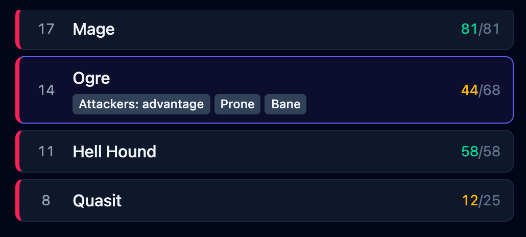 The same foe rows with exact hit points: the Mage at 81/81, the Ogre at 44/68, the Hell Hound at 58/58.