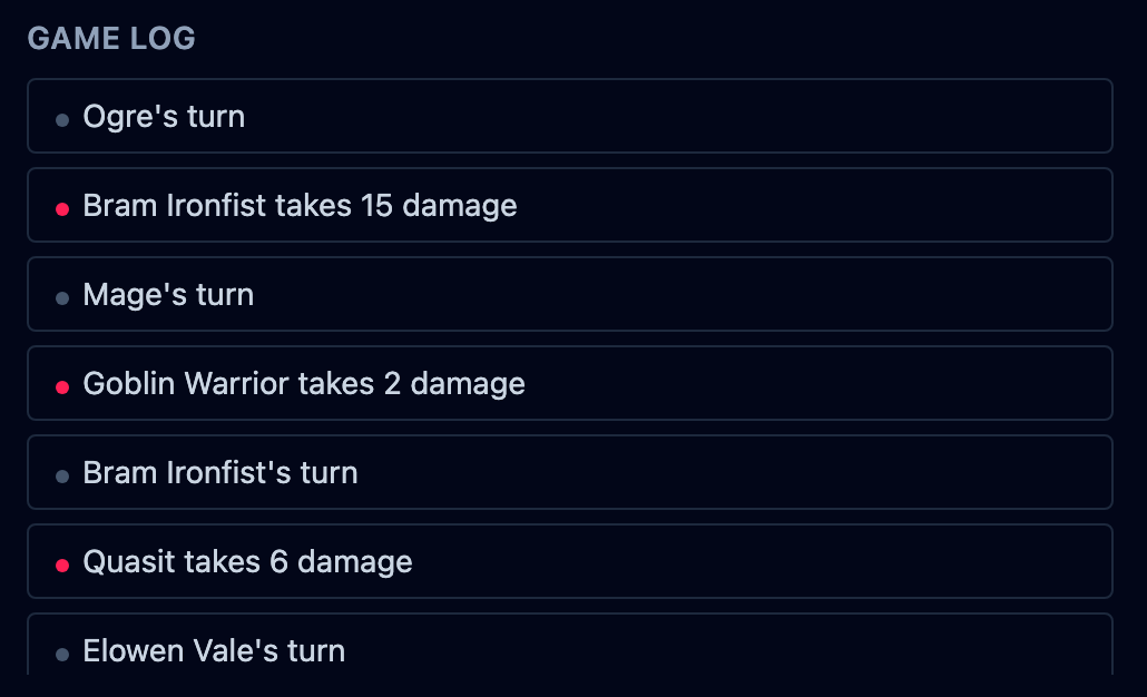 The player view’s game log: turns and damage entries, each without the dice behind it.