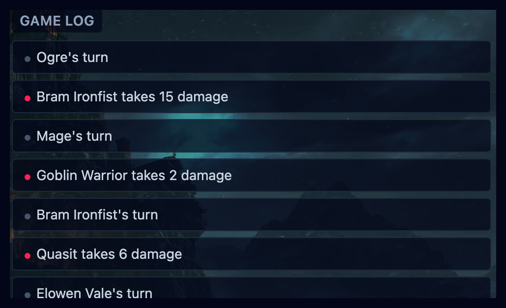The player view’s game log: turns and damage entries, each without the dice behind it.