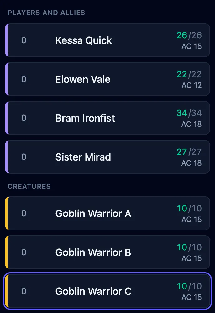 The tracker before a fight, with four player characters marked in purple and three Goblin Warriors labeled A, B, and C with yellow side markers.