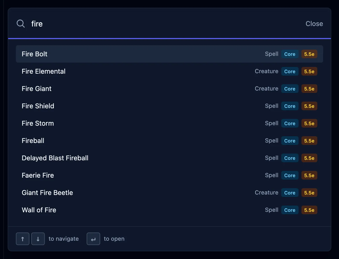 Search results for “fire,” with Fire Bolt, Fire Elemental, Fireball, and other matches labeled as spells or creatures and badged by library and edition.