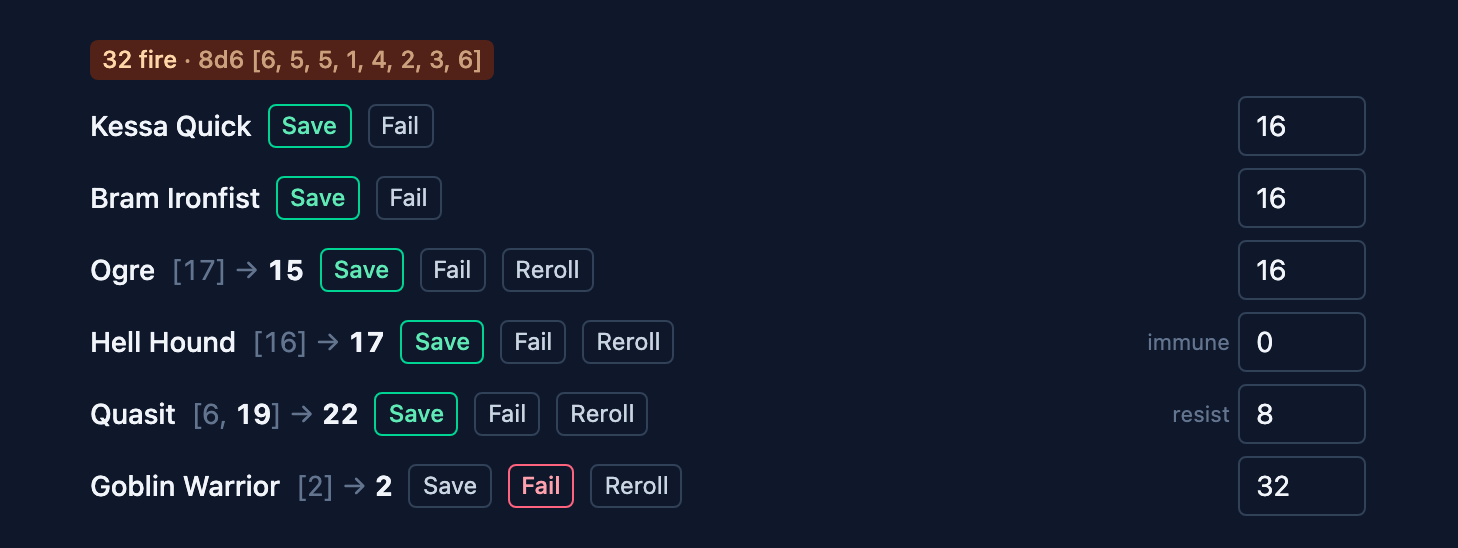 The rolled dice and six outcome rows of a group save: the Goblin Warrior failing on a 2 and owing all 32 fire, the fire-immune Hell Hound zeroed, the saved and resistant Quasit down to 8, and the two player rows answered Save.