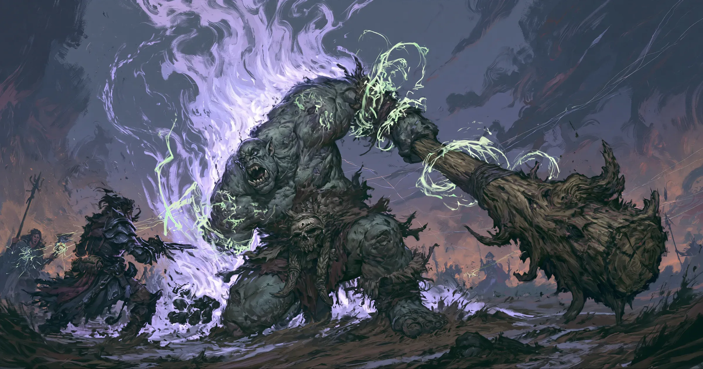 A kneeling Ogre wrapped in violet fire and green spell marks raises a greatclub as armored figures approach.