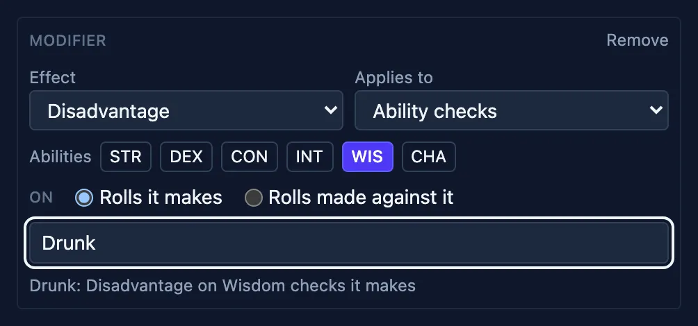 The Modifier builder in the Apply effect box: an Effect and Applies-to dropdown, ability chips, an On choice, a Label field, and a plain-English summary line.