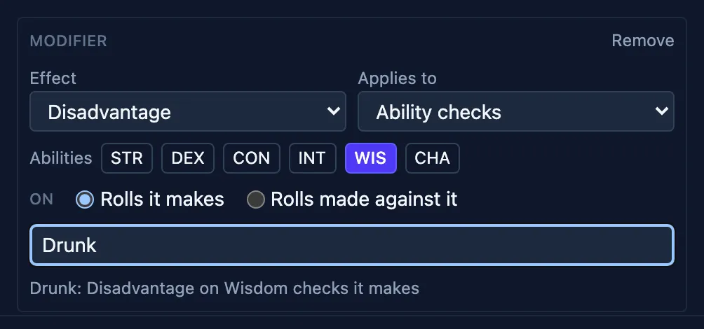 The Modifier builder in the Apply effect box: an Effect and Applies-to dropdown, ability chips, an On choice, a Label field, and a plain-English summary line.