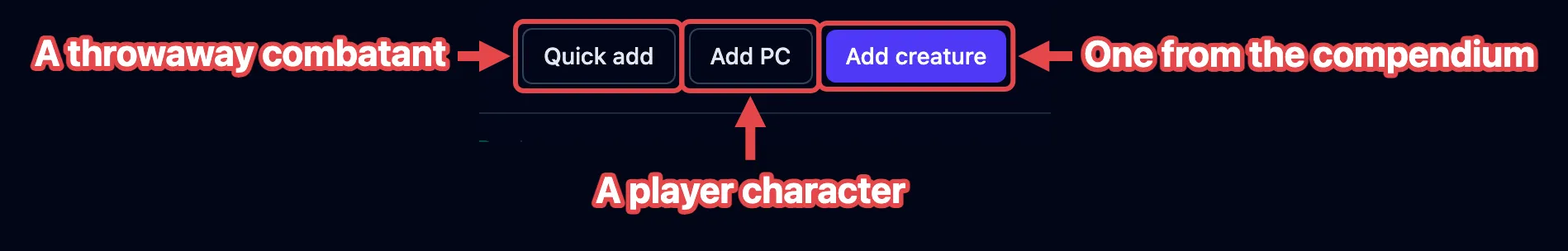 The Quick add, Add PC and Add creature buttons in the top bar, each outlined in red with a label.