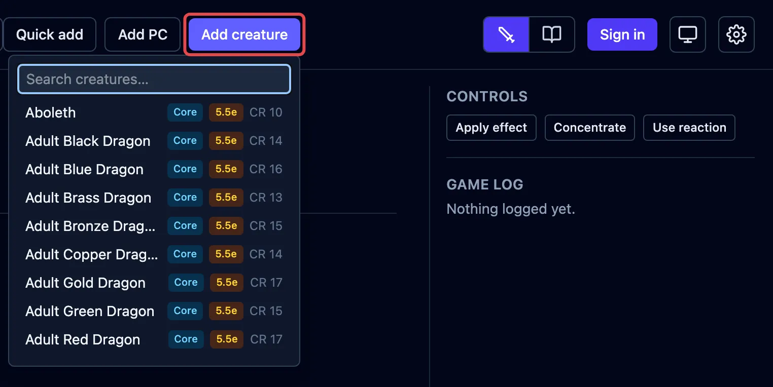 The Add creature button outlined in red, its search open and listing creatures with source, edition, and challenge-rating badges.