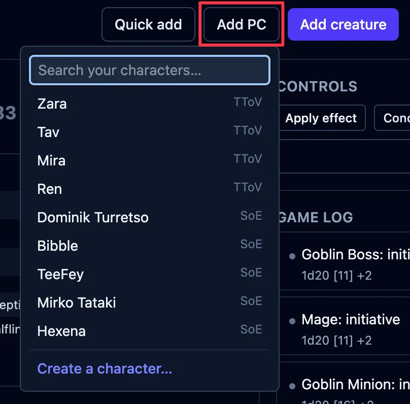 The Add PC button outlined in red, with the signed-in picker open, showing a search over saved characters and a Create a character link.
