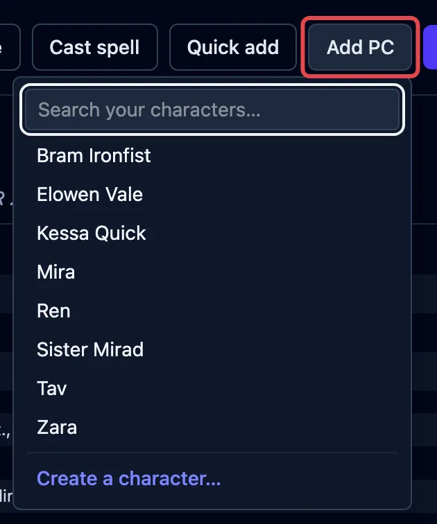 The Add PC button outlined in red, with the signed-in picker open, showing a search over saved characters and a Create a character link.