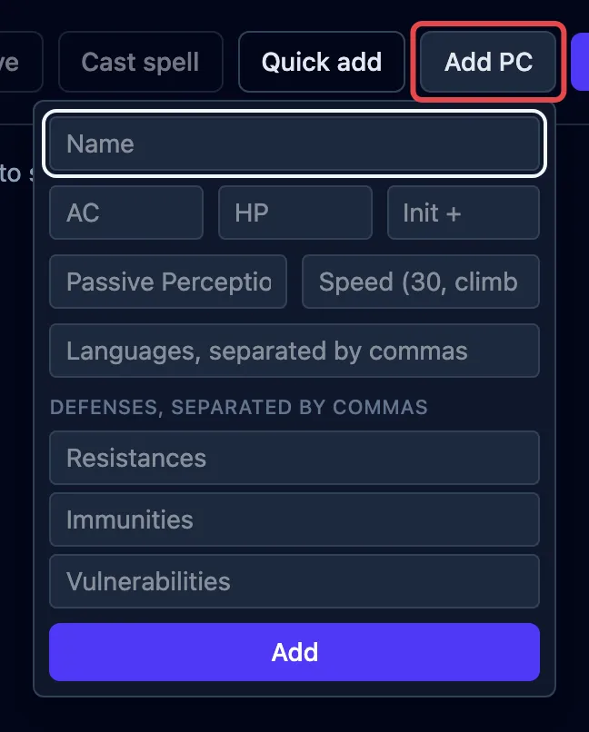 The Add PC button outlined in red, with the quick form open: name, AC, HP, initiative, senses, speed, languages, and defenses.
