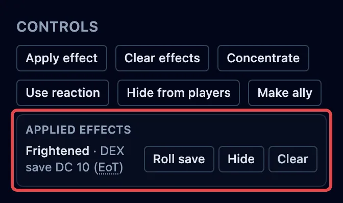 The Applied effects list showing “Frightened · DEX save DC 10” with Roll save and Clear buttons, outlined in red.