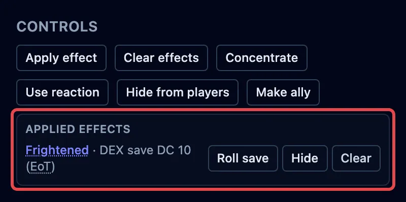 The Applied effects list showing a dotted-underlined “Frightened · DEX save DC 10” with its Roll save, Hide and Clear buttons, outlined in red.