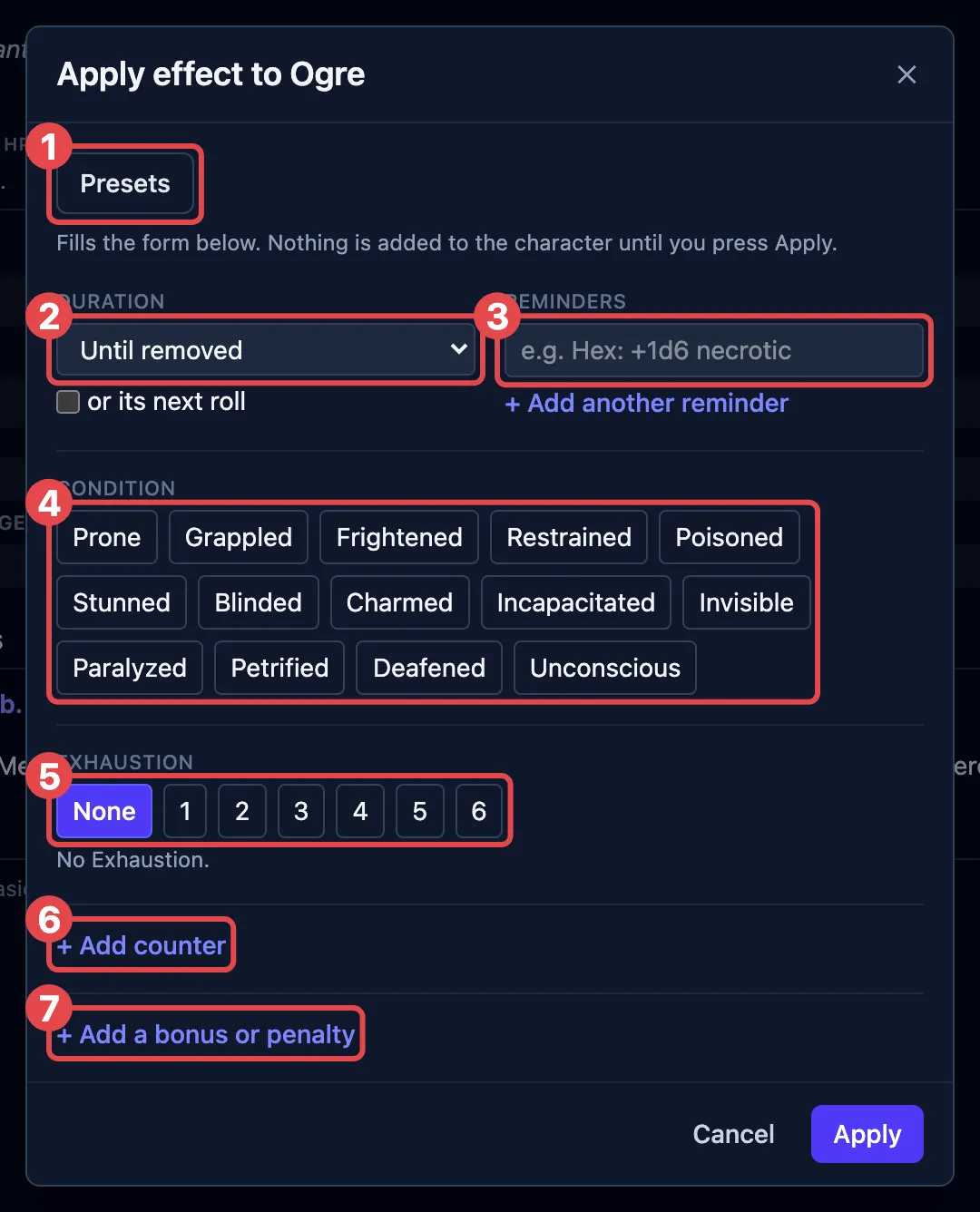The Apply effect box, with its preset, duration, reminder, condition, Exhaustion, counter and bonus-or-penalty controls outlined in red and numbered one to seven.