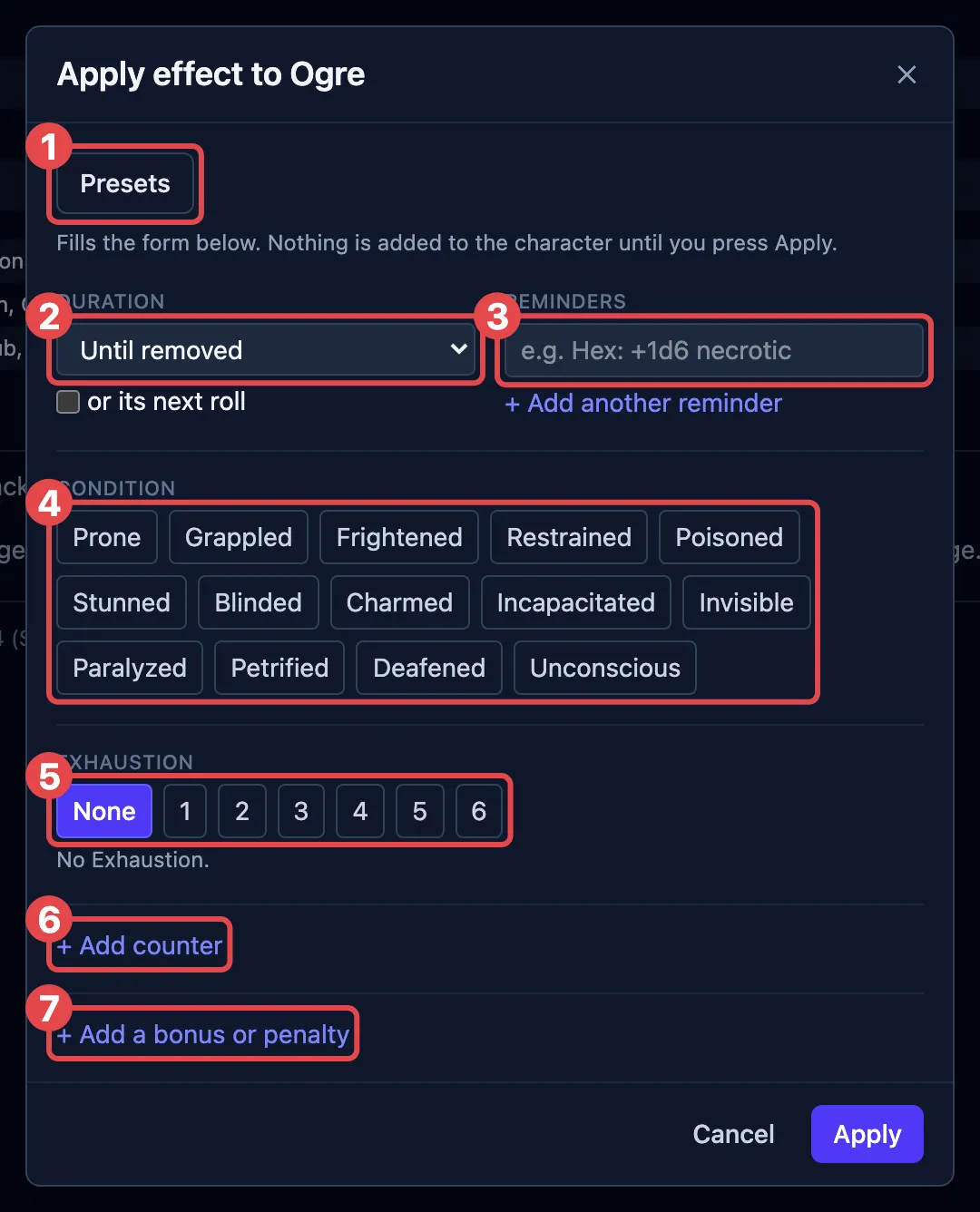 The Apply effect box, with its preset, duration, reminder, condition, Exhaustion, counter and bonus-or-penalty controls outlined in red and numbered one to seven.
