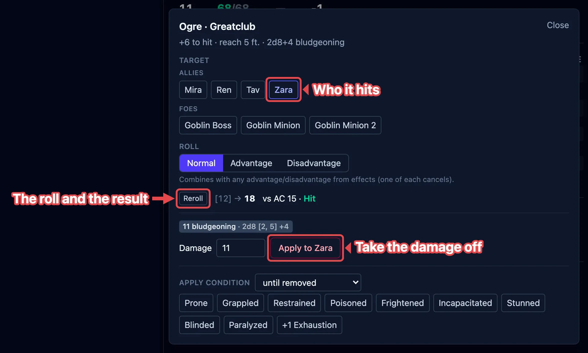 The attack box with the target, the resolved roll reading Hit, and the Apply to Zara button outlined in red and labeled.