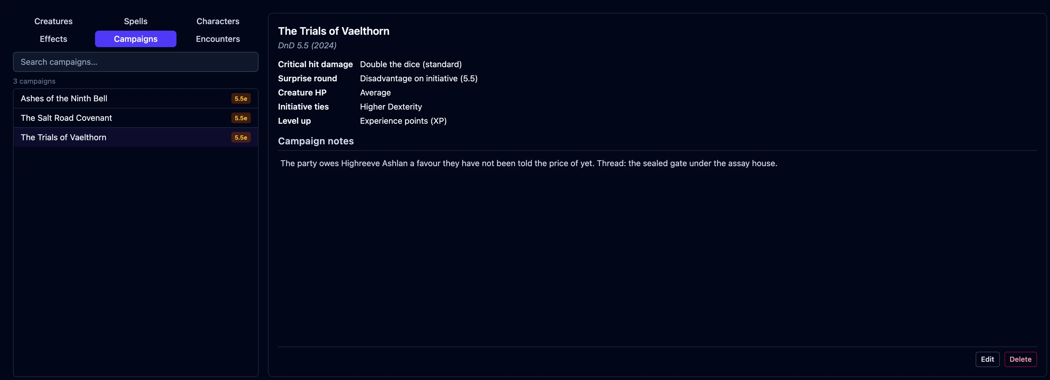 The Campaigns tab, with a campaign selected and its house rules listed on the right.