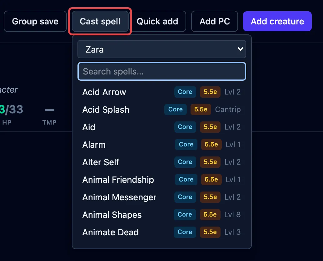 The Cast spell button outlined in red, its modal open with a caster picker set to Zara, a spell search, and a badged spell list.