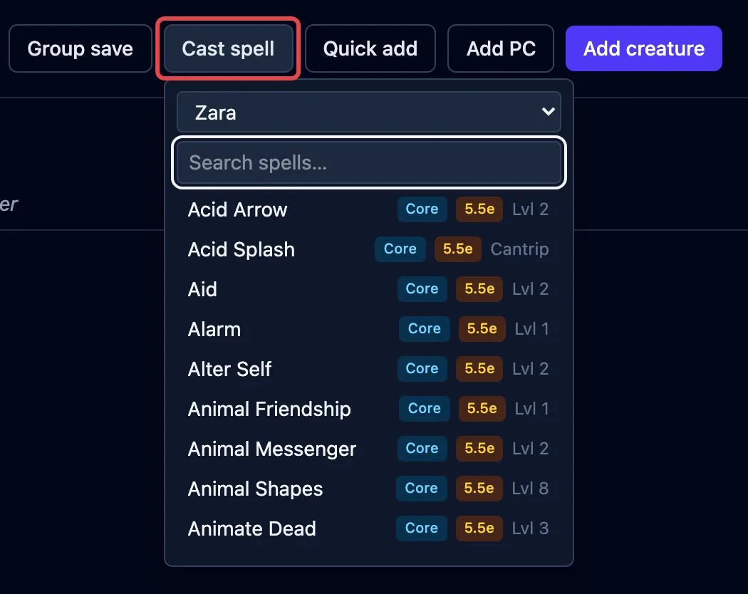 The Cast spell button outlined in red, its modal open with a caster picker set to Zara, a spell search, and a badged spell list.