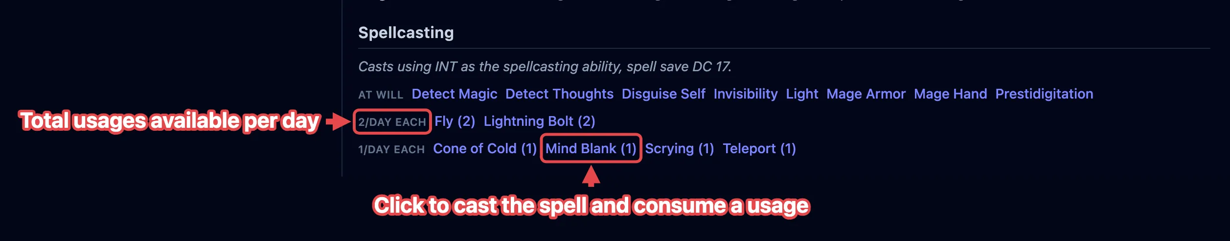 A creature’s Spellcasting section, with a spell and its remaining uses outlined in red and labeled.