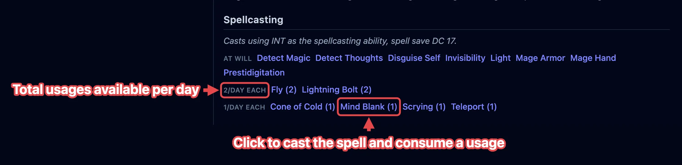 A creature’s Spellcasting section, with a spell and its remaining uses outlined in red and labeled.