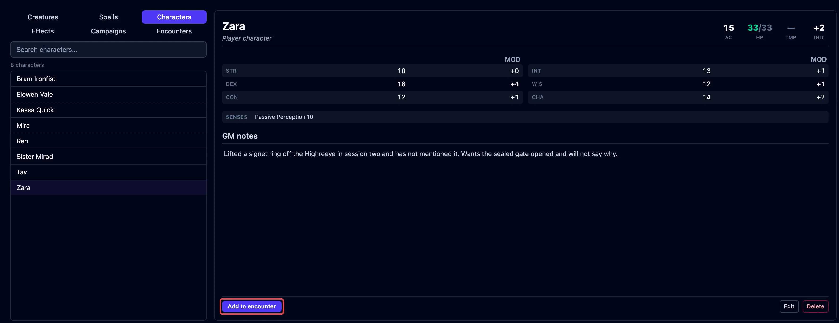 The Characters tab with a saved character selected, its stats and GM notes shown, and the Add to encounter button outlined in red.