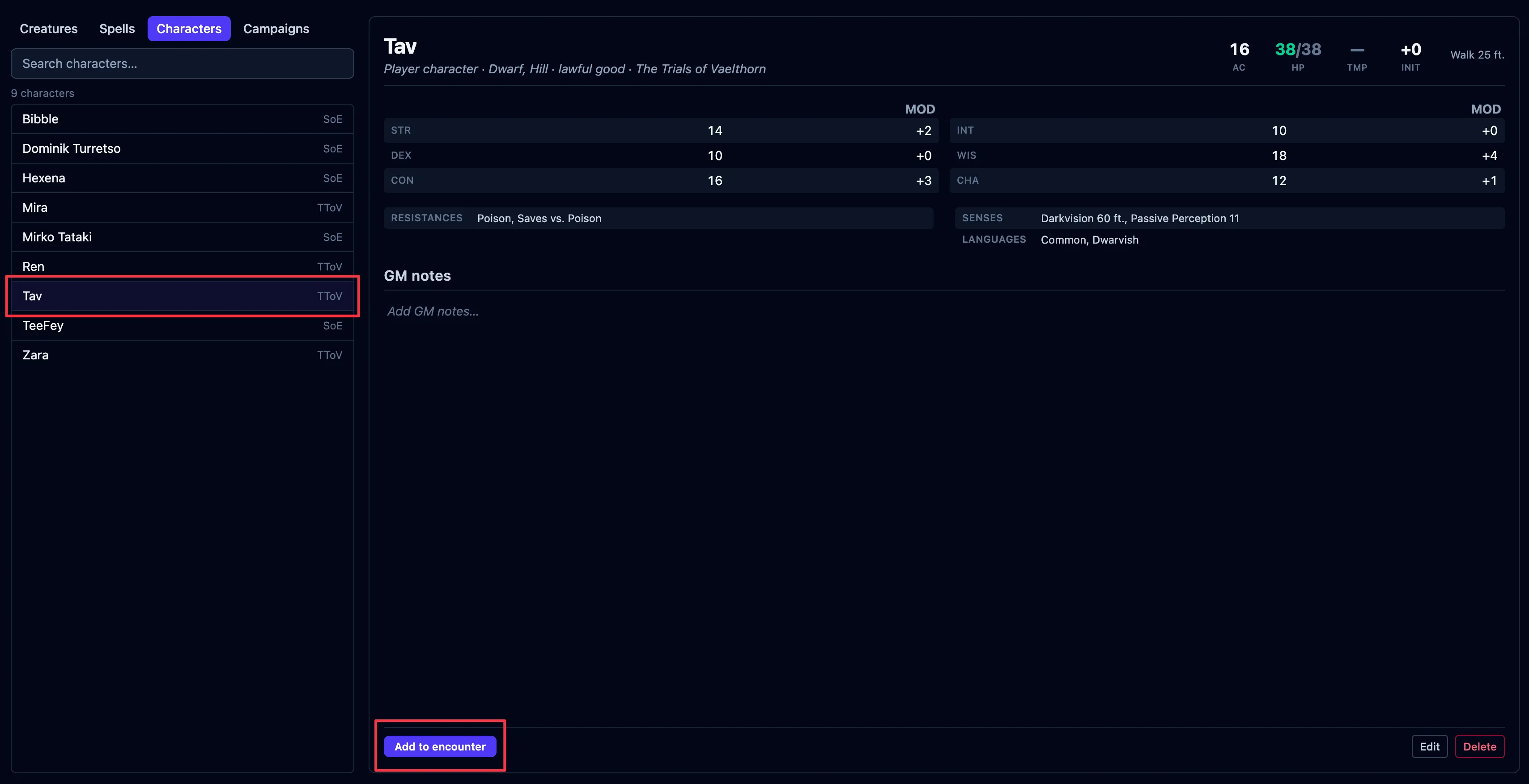 The Characters tab with a saved character selected, its stats and GM notes shown, and the Add to encounter button outlined in red.